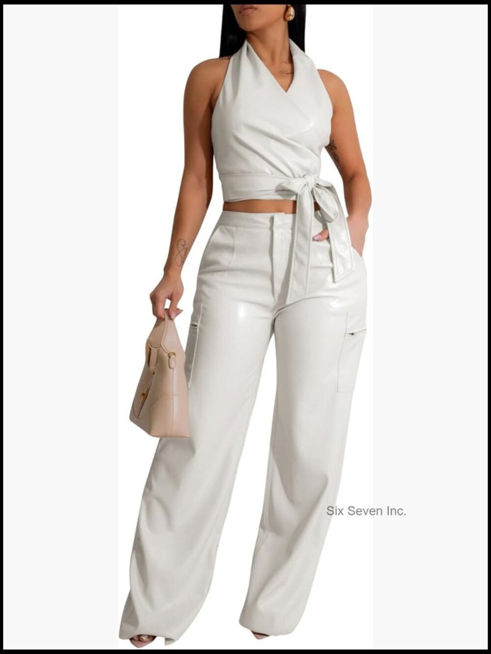 Womens PU Leather 2 Piece Outfit Halter Crop Top Straight Leg Pants Set with